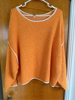 Free People Orange Crewneck Sweater with Cream Trim